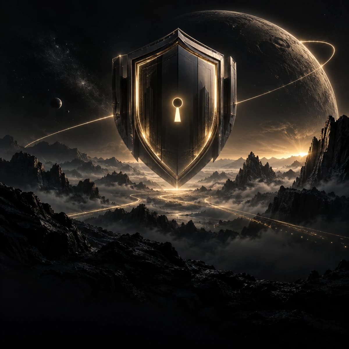 Illustration: a golden shield-shaped privacy gate floats above a dark valley, framed by a distant planet, golden orbit and light paths. Its keyhole symbolizes identity and asset protection.